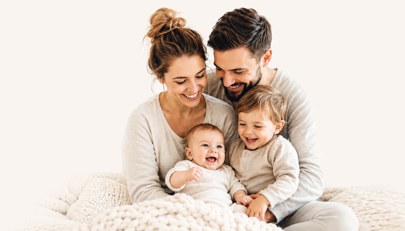 Eltern sitzen mit ihrem Baby und ihrem Kleinkind lachend auf einem Bett