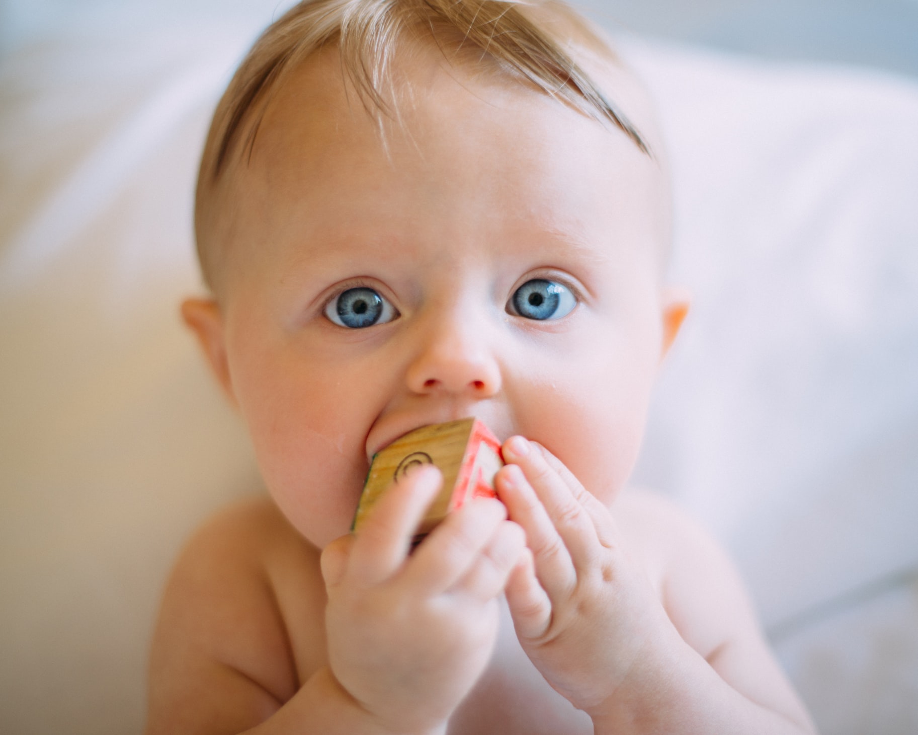 Baby mit großen blauen Augen nimmt einen Spielzeugwürfel in den Mund